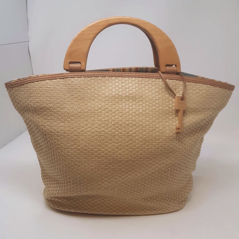 Fossil Straw Bag with Wooden Handle Purse